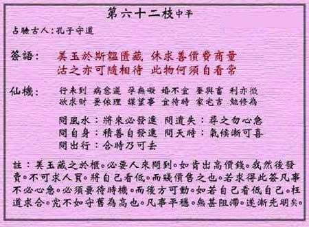 黄大仙灵签 第六十二签：中平签 孔子不仕